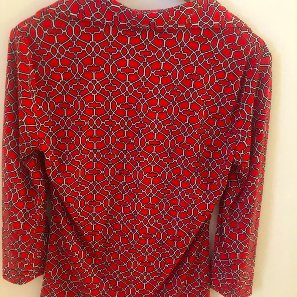 Laundry Shelly Segal Top S 3/4 Sleeve Ruched Button Down Bold Red Pattern - Picture 2 of 6